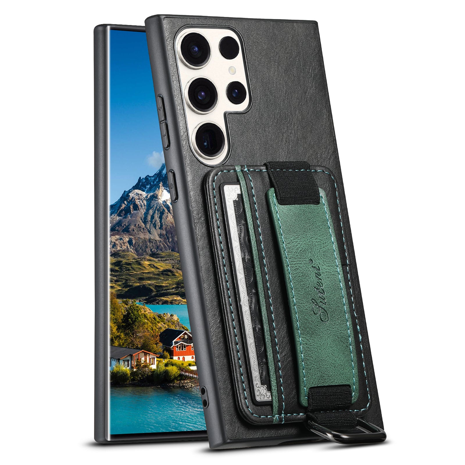 SUTENI H13 For Samsung Galaxy S22 Ultra 5G Card Holder Case Kickstand Leather Coated PC TPU Phone Cover with Hand Strap SUTENI H13 For Samsung Galaxy S22 Ultra 5G Card Holder Case Kickstand Leather Coated PC TPU Phone Cover with Hand Strap